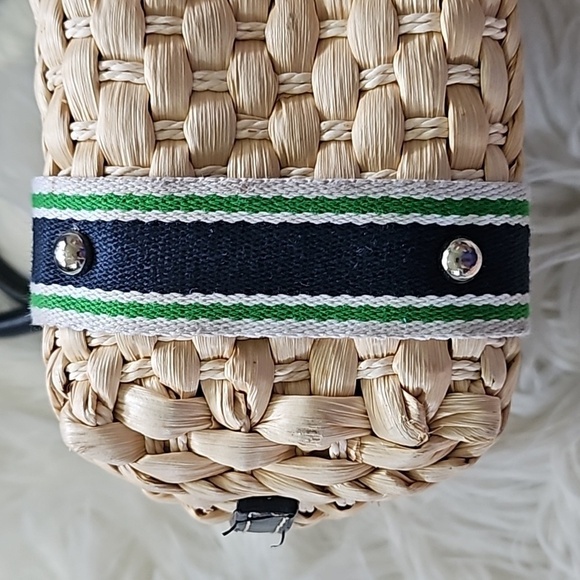 Chaps Tan Woven Purse with Navy Blue and Green Trim and Silver Tone Hardware - Picture 4 of 14